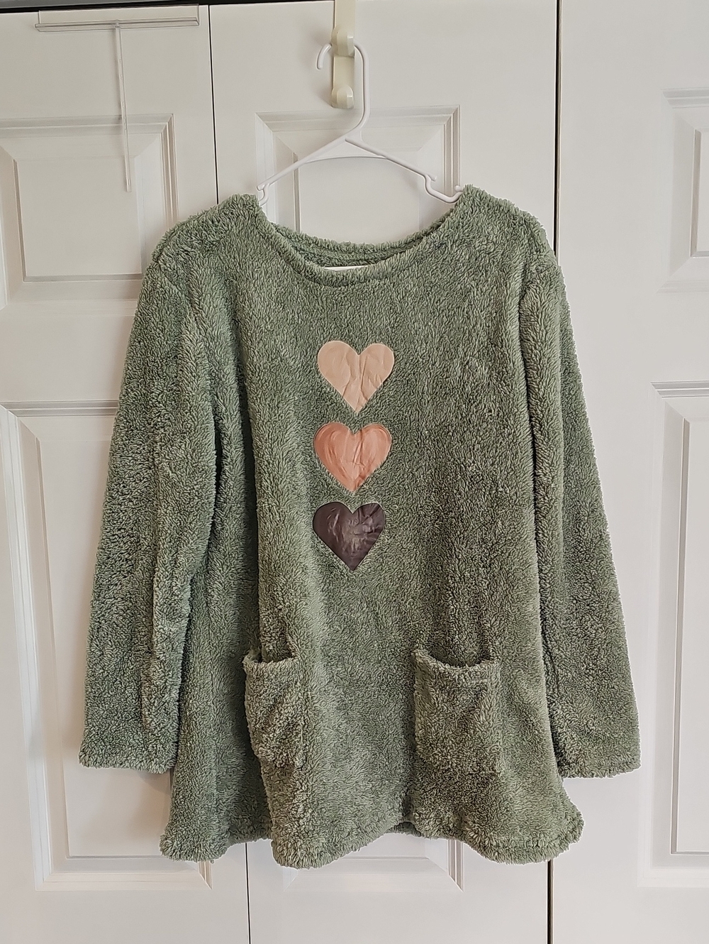 Cozy Sage Green Plush Sweater with Heart Appliqués